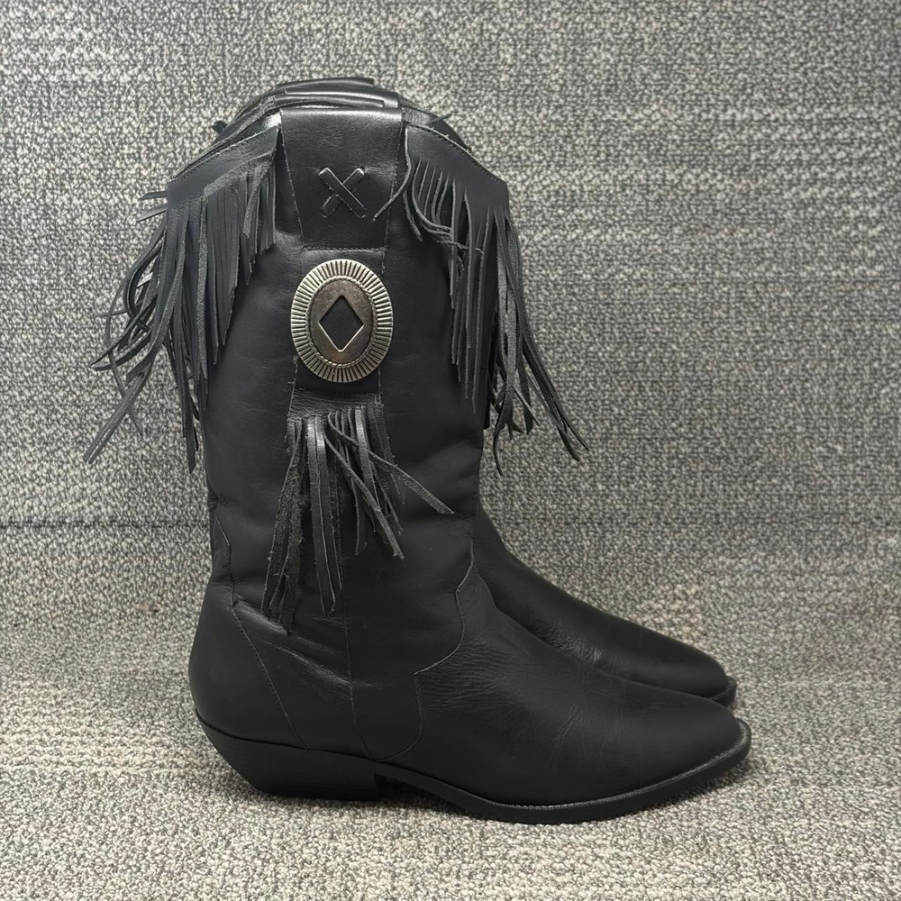 Vintage Black Leather Western Boots Fringe Concho Pointed Toe Cowboy Size 11